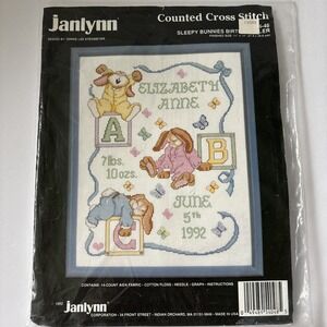 Janlynn Cross Stitch Kit Sleepy Bunnies Birth‎ Baby Announcement Vintage
